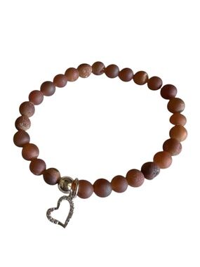 Classic Peach Druzy 6mm Stretch Bracelet Silver Pave Heart Charm